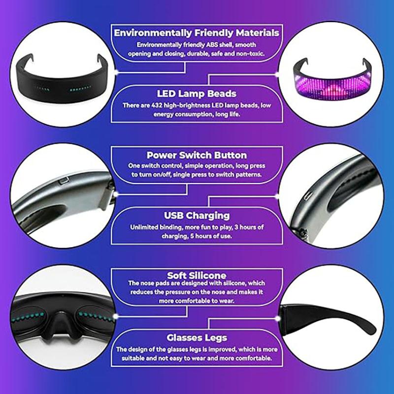 LED Glasses Bluetooth Application Programmable Display Screen RGB Light, Suitable for Gatherings, Parties, Christmas Holidays