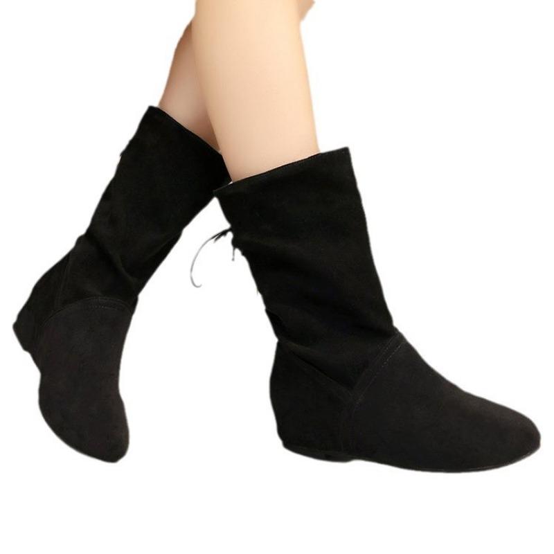 Large size flat bottom inner heightening suede fashion boots autumn and winter new rear lace-up stacking boots versatile women's boots