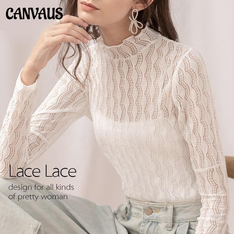 

Женская кружевная марлевая прозрачная внутренняя рубашка с высоким воротником до полувысокого воротника и длинными рукавами Canvaus, топ-рубашка