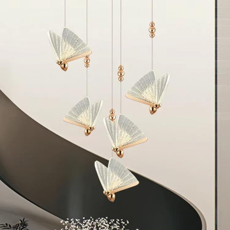 Nordic Duplex Luxury Living Room Background Wall Creative Decoration Rotating Staircase Butterfly Attic Hollow Chandelier