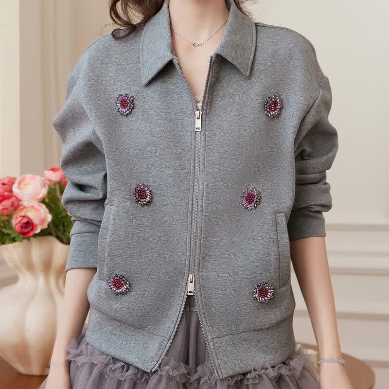 Bailuyu Elegant Lapel Cardigan with 3D Floral Embellishment