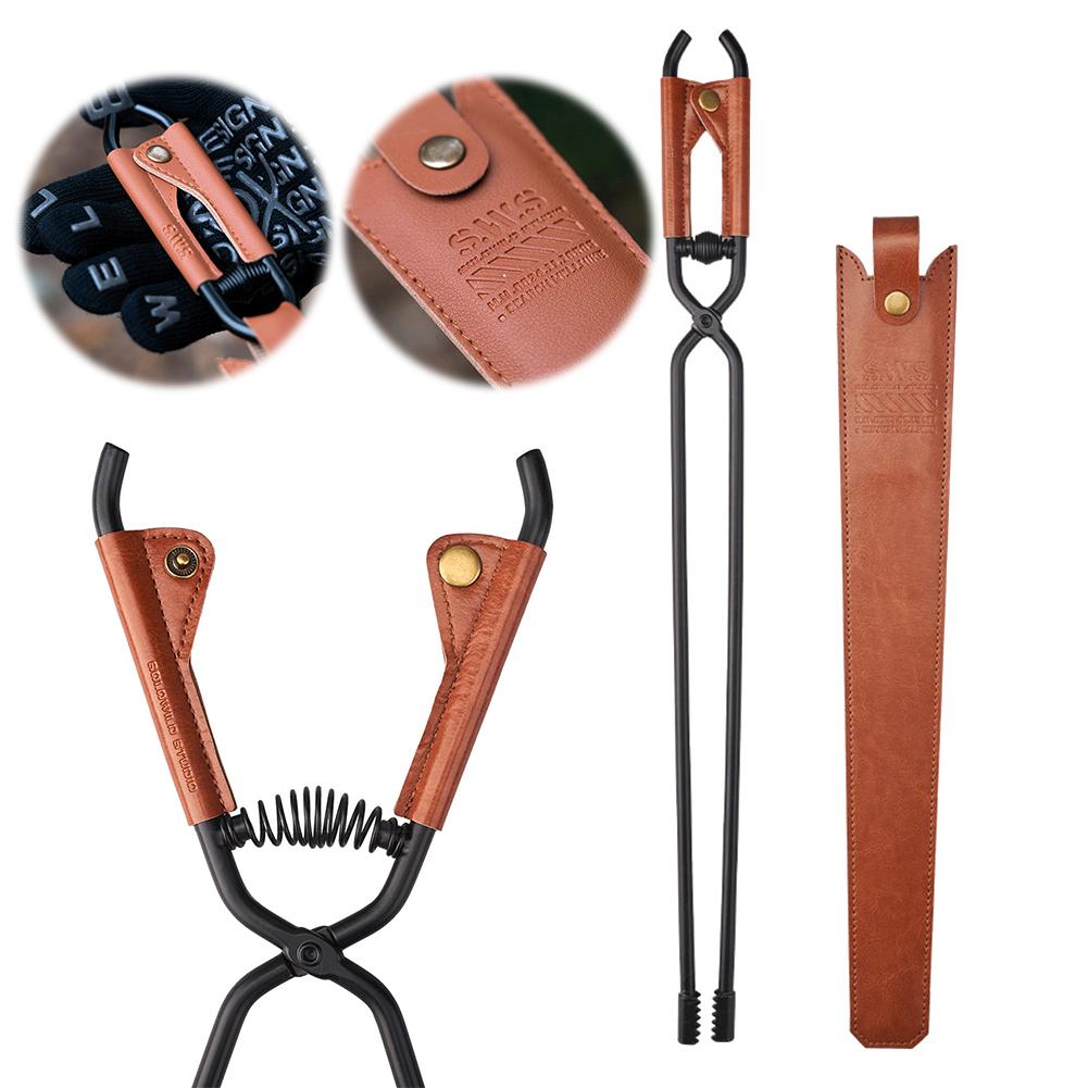 Thickened Fire Tongs with Leather Cover Bonfire Firewood Clip Anti-Scald Long Handle Fire Poker Outdoor Camping BBQ Tools