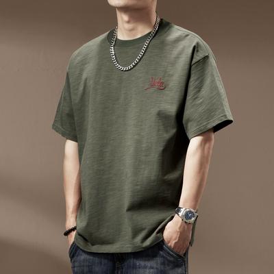 Men's Olive Green Heavyweight Cotton T-Shirt - Embroidered, Breathable, Wrinkle-Resistant, Short Sleeve, Loose Fit, Trendy Menswear.