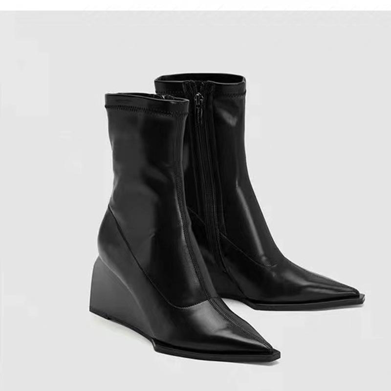 Leather Retro Niche Design Sense Fashionable Versatile Short Boots French Pointed 8CM Heel Heightened Elastic Thin Boots