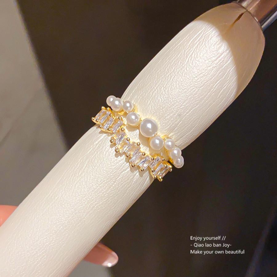 14k Gold Plated Zircon Pearl Open Ring With Modern Geometric Shape For Elegant Women