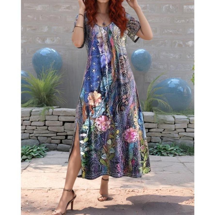 

YYFS женская мода лето весна цветочный узор принт короткий рукав v-образный вырез свободная талия повседневные платья XXL фуксия