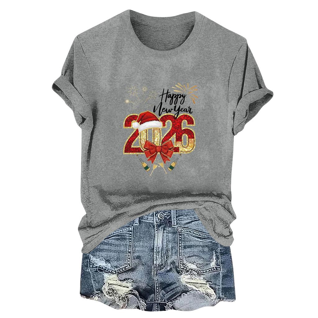 Women's Fashion 2026 New Year Printed Round Neck Short Sleeve Top