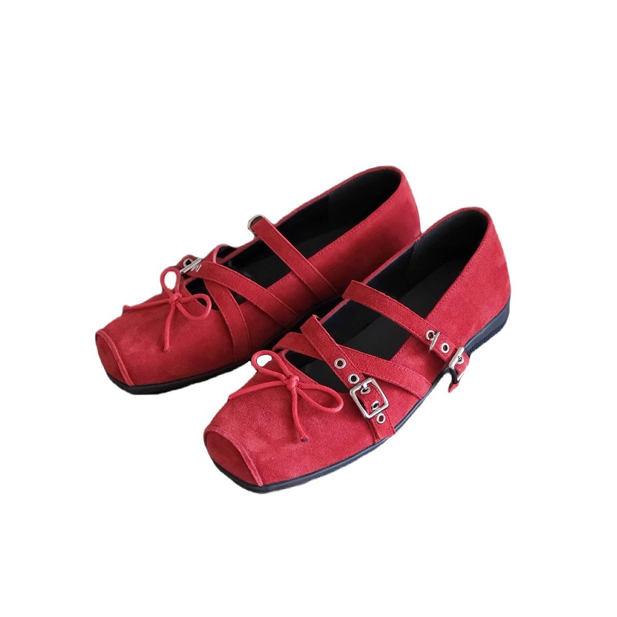 

Red bow small single shoes women s spring and summer leather retro one-word shallow rivet ballet 2025 spring and autumn flats 40 красный