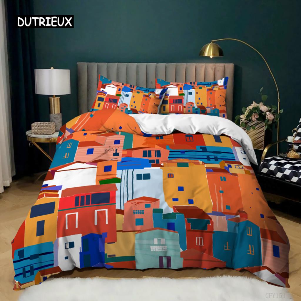 

Houses Duvet Cover King Size 3pcs Colorful Geometric Pattern Bedding Set for Kids Teens Microfiber Quilt Cover EU single(135x200cm)