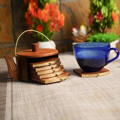 Wood Kettle Shape Coasters for Tea Cups Coffee Mugs Beer Cans Bar Tumblers or Water Glasses Set of 6, Brass Embedded Design Coaster