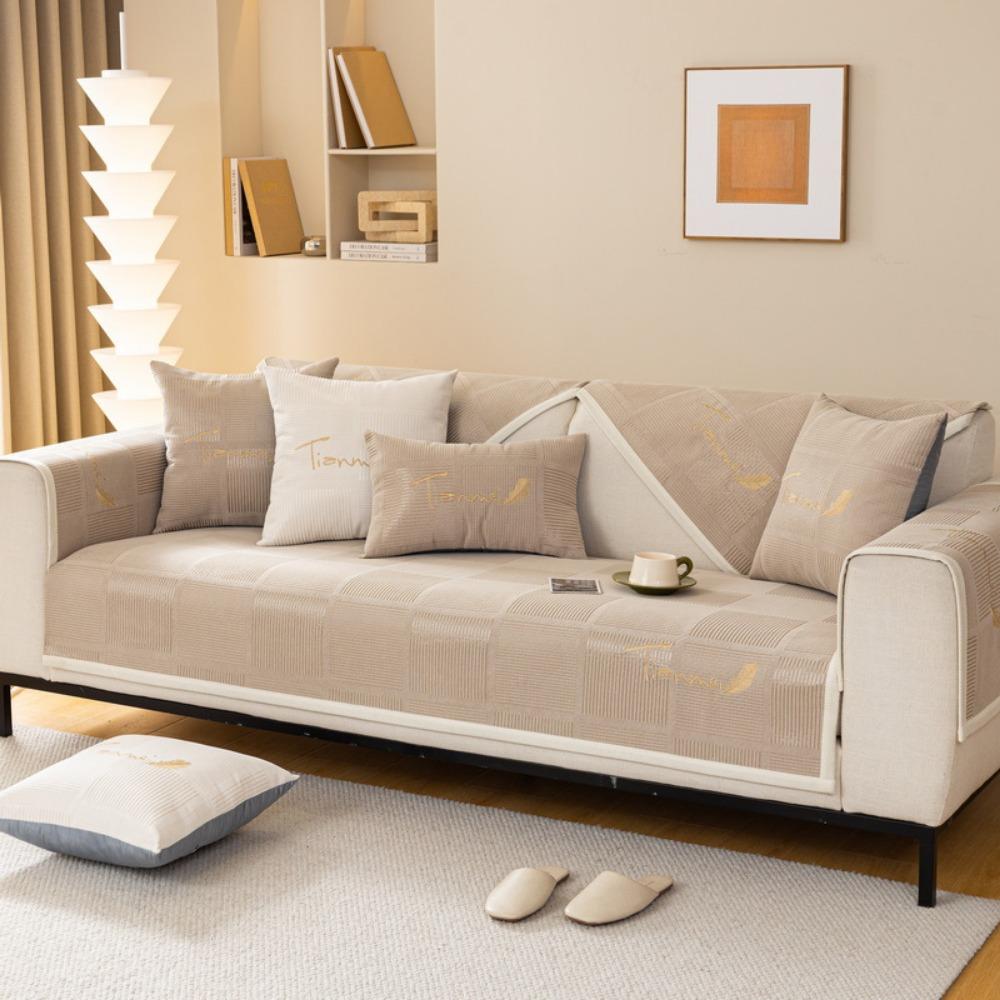 

Winter Fluffy Sofa Protector Cover Modern Slip Resistant Thickened Beige Leather Couch Pad 70*70
