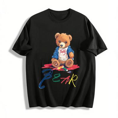 Cute Hand-painted Teddy Bear Print Casual T-shirt Unisex Loose Comfortable Daily Top Pure Cotton T-shirt