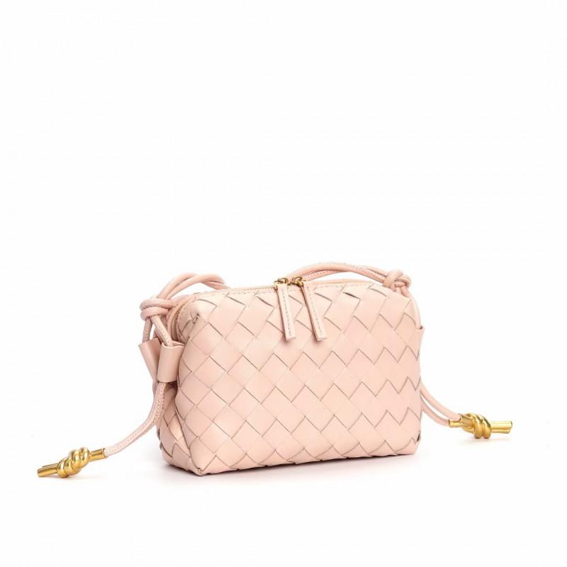 Borsa a tracolla quadrata compatta in vera pelle intrecciata da donna, minimalista, piccola