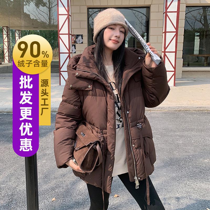 Winter New Medium and Long Pinghu Down Jacket Women's Leisure Thickened Waist Hooded Warm High-end
