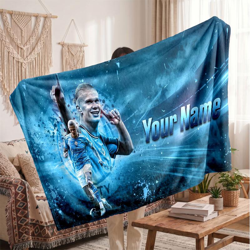 Erling Haaland Personalized Fleece Blanket With Football Logo, Custom Name Text Soft Warm Home Throw Blanket