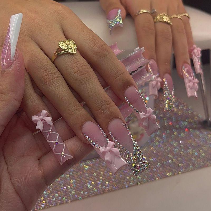 

BEPAN 24Pcs Glamorous Long Ballerina False Nails Shimmering French Tips with 3D Pink Bow&Strap Details for Female Party Occasions Wear