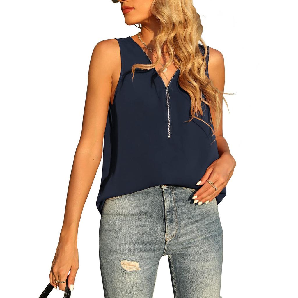 Womens Casual V-Neck Color Loose Zip Sleeveless Tank Top