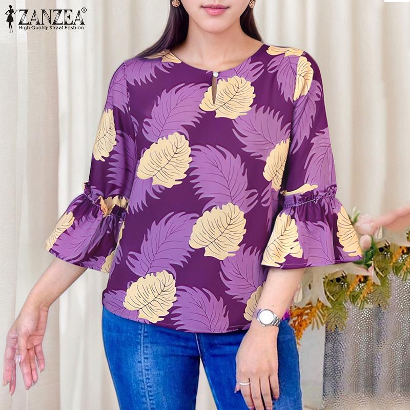 ZANZEA Blouse d'été décontractée à col rond et manches 3/4 amples à fleurs pour femmes