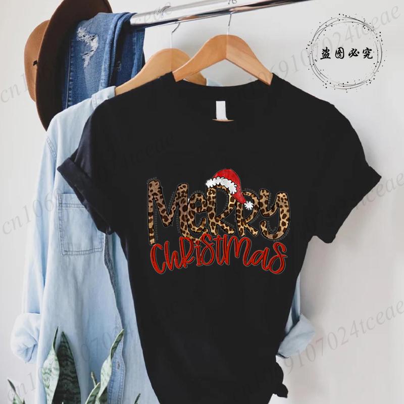 Leopard Merry Christmas Print TShirts Crew Neck Tshirt Casual Short Sleeve Top for Christmas Unisexs Clothing Tshirt Top