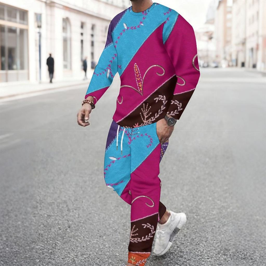 Men Pink Black White Wavy Curve Geometric Print Long Sleeve Sweatshirt Jogger Pants Two Piece Suit