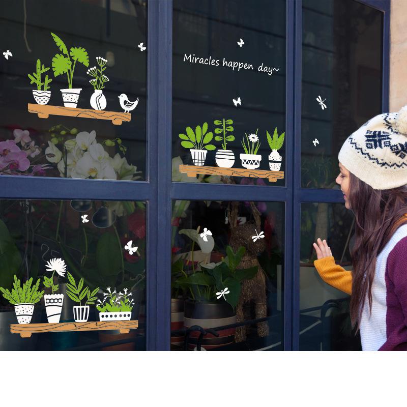 Botaniczne Naklejki Roślinne na Okno do Kawiarni Szklane Drzwi Winylowe Naklejki Usuwalna Dekoracja Ściany Minimalistyczny Design Zielonych Liści
