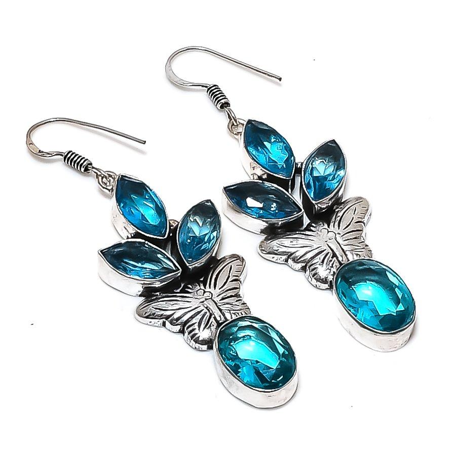 Swiss Blue Topaz Gemstone 925 Sterling Silver Jewelry Earring 2.44"
