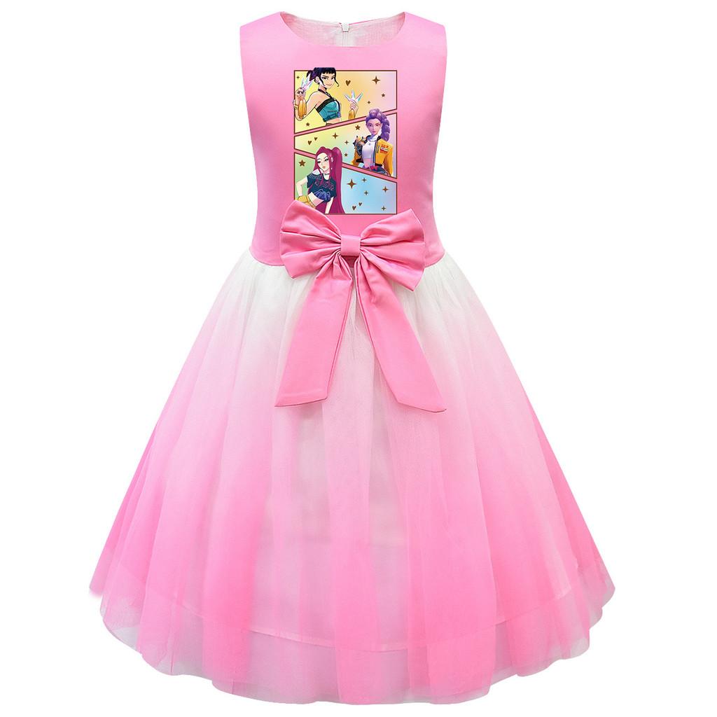 Kids Girls Princess K-POP Rumi Zoey Mira Print Bow Sleeveless Mesh Tutu Dress