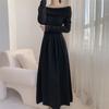 Koreanisches Strickkleid mit Carmen-Ausschnitt für Damen, Herbst, neu, Patchwork, langärmelig, Mode, einfarbig, Party-Langkleid, Winter