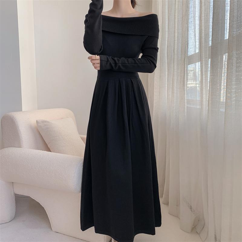 Koreanisches Strickkleid mit Carmen-Ausschnitt für Damen, Herbst, neu, Patchwork, langärmelig, Mode, einfarbig, Party-Langkleid, Winter
