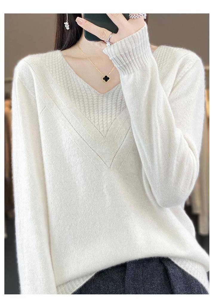 Women's Speckled Yarn Wool V-Neck Sweater - Thick, Loose-Fit, Perfect for Autumn/Winter