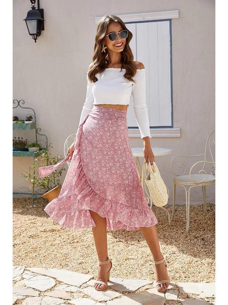 Women's Chiffon Floral Print Irregular Tie-Up Slit Half-Skirt