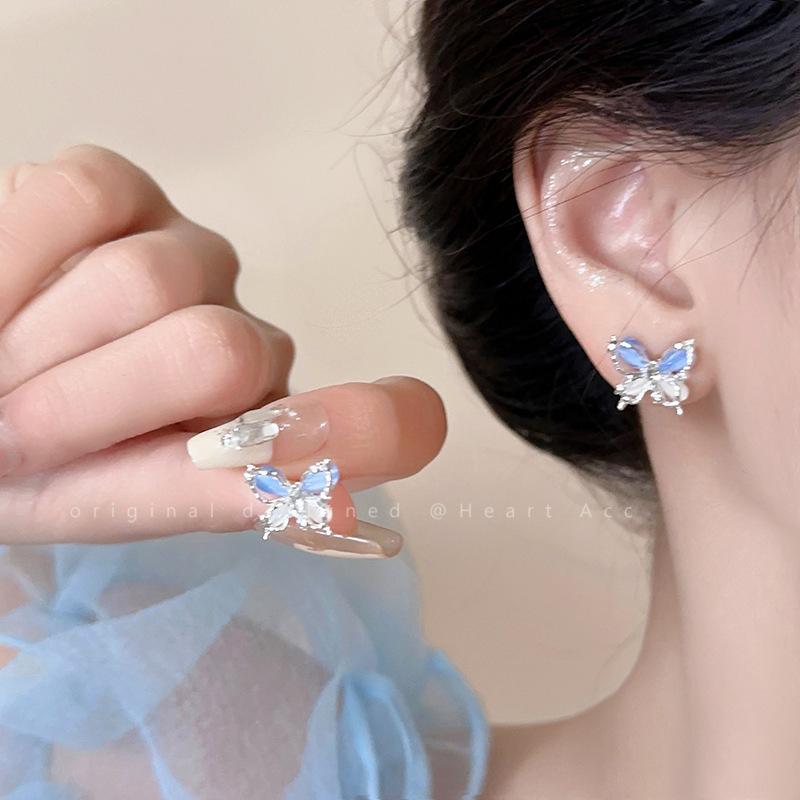 Annual explosion Pearl butterfly earrings women's high-end sense niche 925 silver needle earrings ear jewelry wholesale