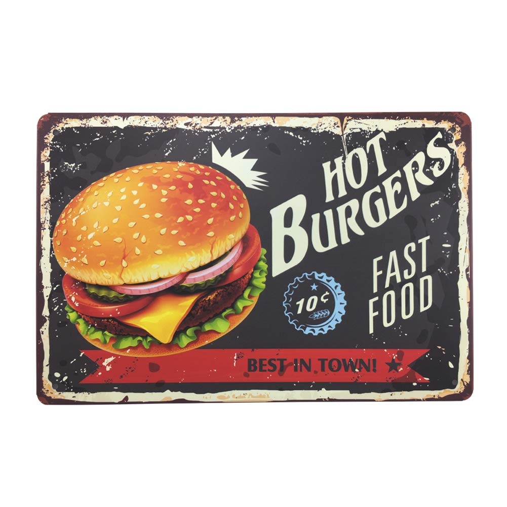 Style Tin Sign HOT BURGERS FAST FOOD Bar Pub Garage Diner Cafe Home Wall Decor Art Tin Signs 8W x 12H 20x30cm(7.8x11.8inch)