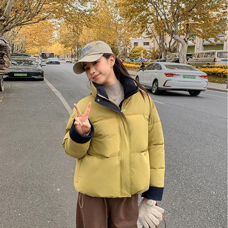 New down cotton clothes women's short stand-up collar loose contrasting colors thickened loose warm bread clothes jacket