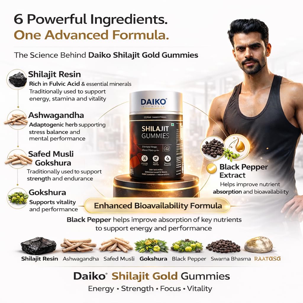 Daiko Shilajit Gold Gummibärchen für Männer & Frauen | 200mg Himalaya Shilajit Harz mit Ashwagandha, Safed Musli, Gokshura, Panax Ginseng, Swarna Bhasm