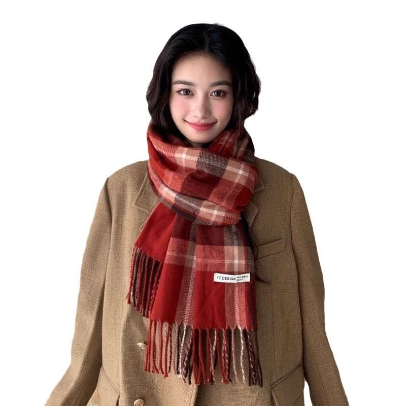 Red Scarf for Women in Winter Korean Style Plaid Versatile Warm High End Trendy New Year Gift Christmas Scarf Shawl