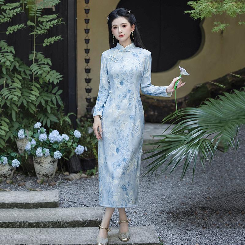 Blue National Style New Chinese Long Autumn Long-sleeved Cheongsam Improved Young Women's Retro Slim Waist Autumn and Winter Clothing