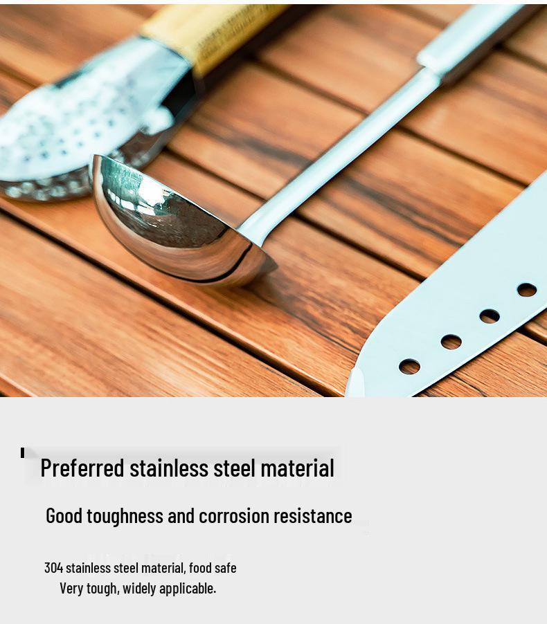 Portable Outdoor Cookware Set: Stainless Steel Cutlery, Storage Bag, and Cutting Board for Camping and Picnics.