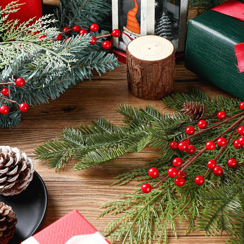 30 Pcs 16 Inch Artificial Christmas Pine Branches with Berries & Pinecones for Tree, Vase, Wreath, Garland DIY