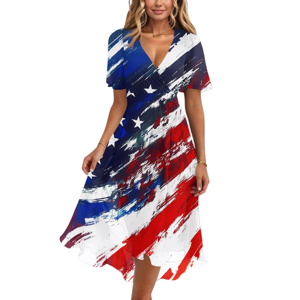 Women's Casual V-Neck Short-Sleeve Independence Day Print Dress
