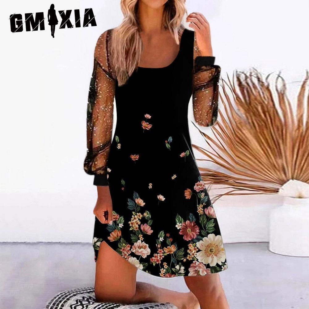 GMXIA Women's Fashion Spring Autumn Solid Color Print Long Sleeve U-Neck High Waist Casual Dresses