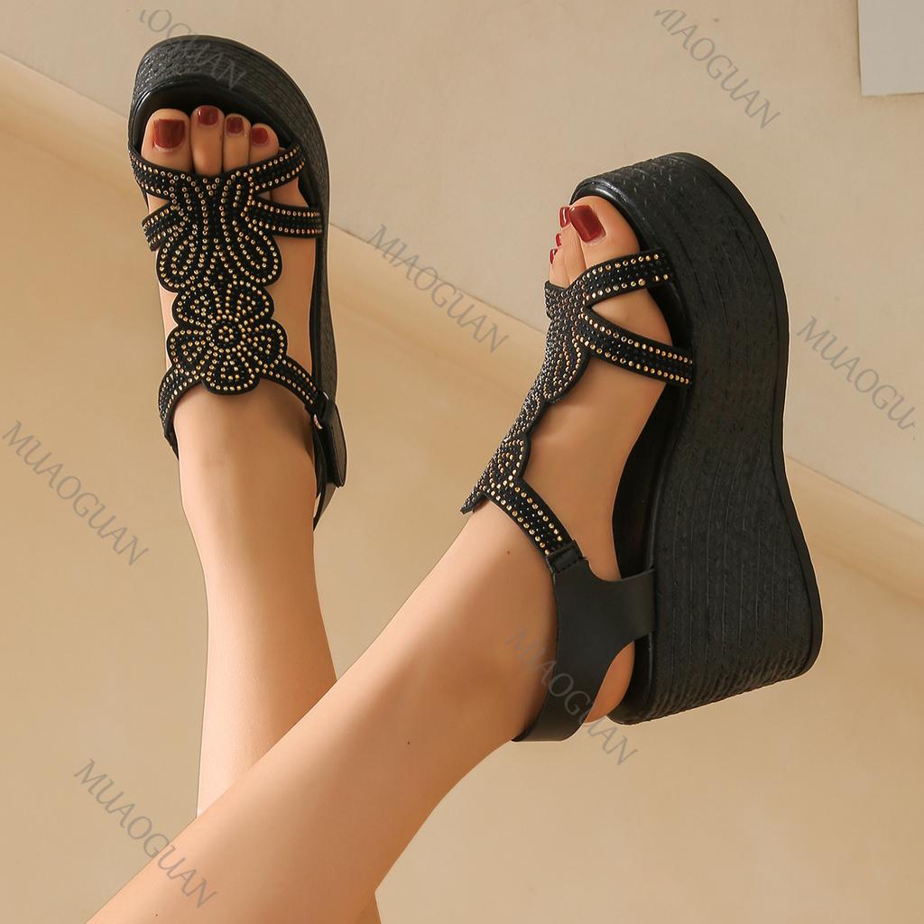 Fashion Thick Bottom Wedges Roman Sandals Women New Rhinestone High Heel Open Toe Big Size Sandales Casual Black Summer Gladiator Sandal