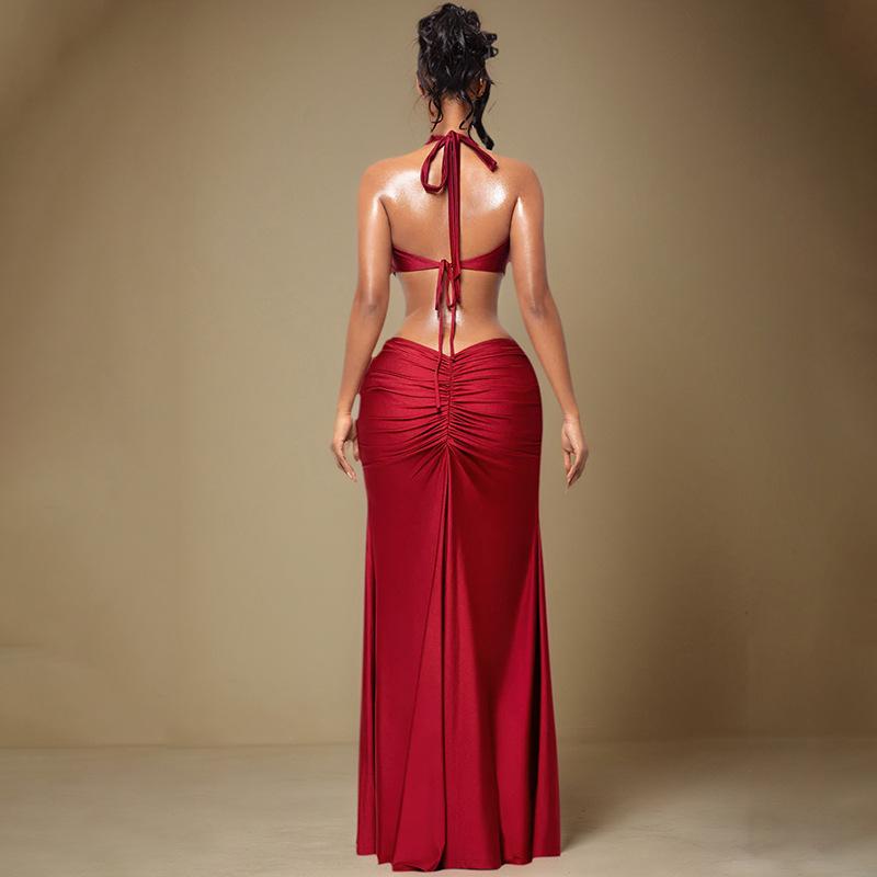 European & American Women's Spring Halter Sleeveless Deep V Backless Ribbon Long Dress