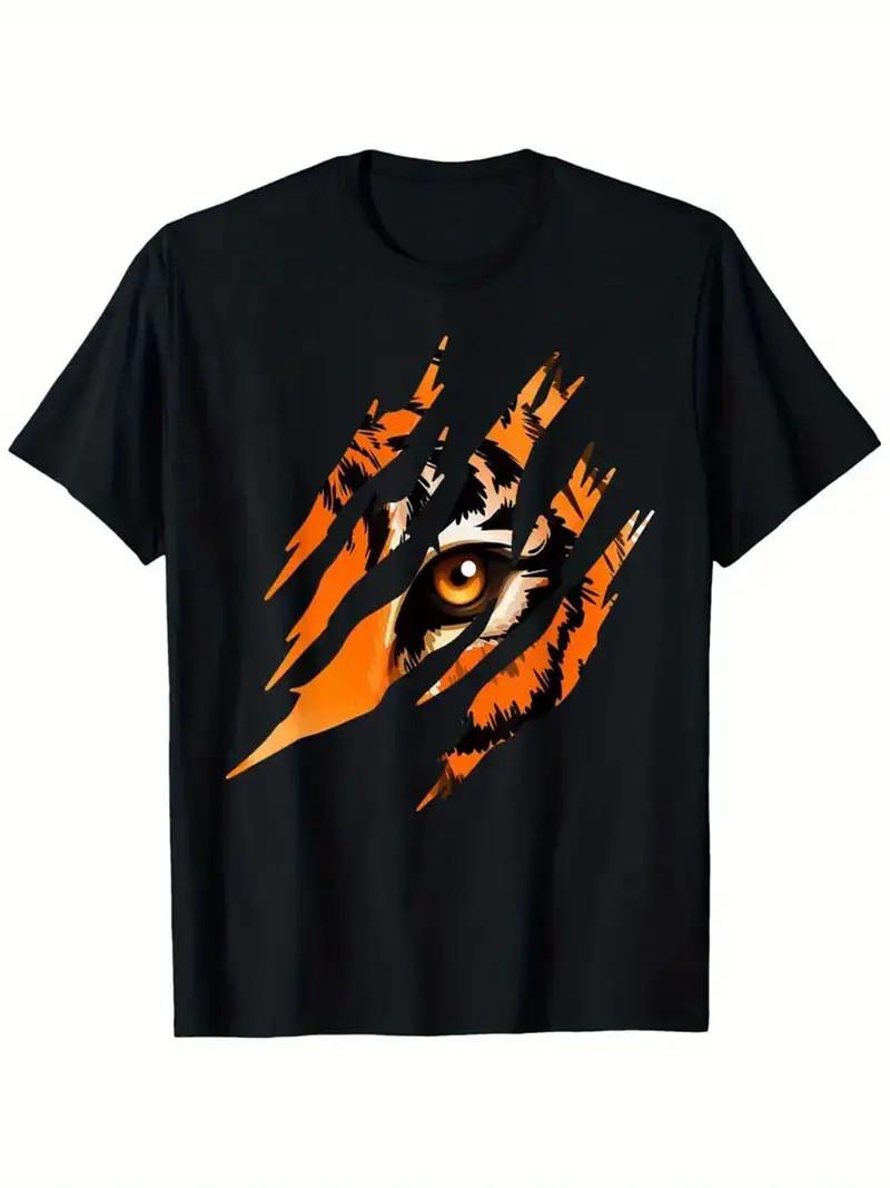 Men s Tiger Eye Graphic T-Shirt - 100% Cotton, Black with Vibrant Orange & White M