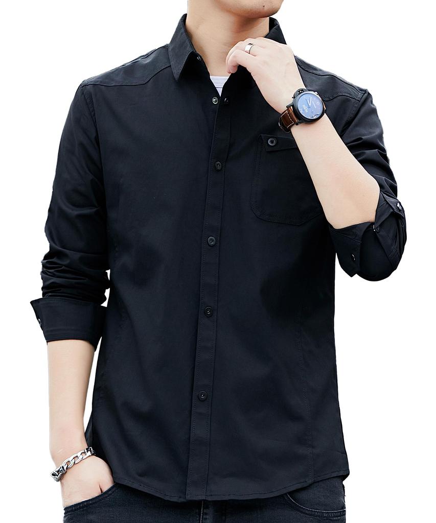 SHANLIANG Long Sleeve Black Shirt with Metal Basic Solid Oxford Shirt Men's Buttons, Color, Business, Color, Casual, Cotton, Fashionable, Spring,