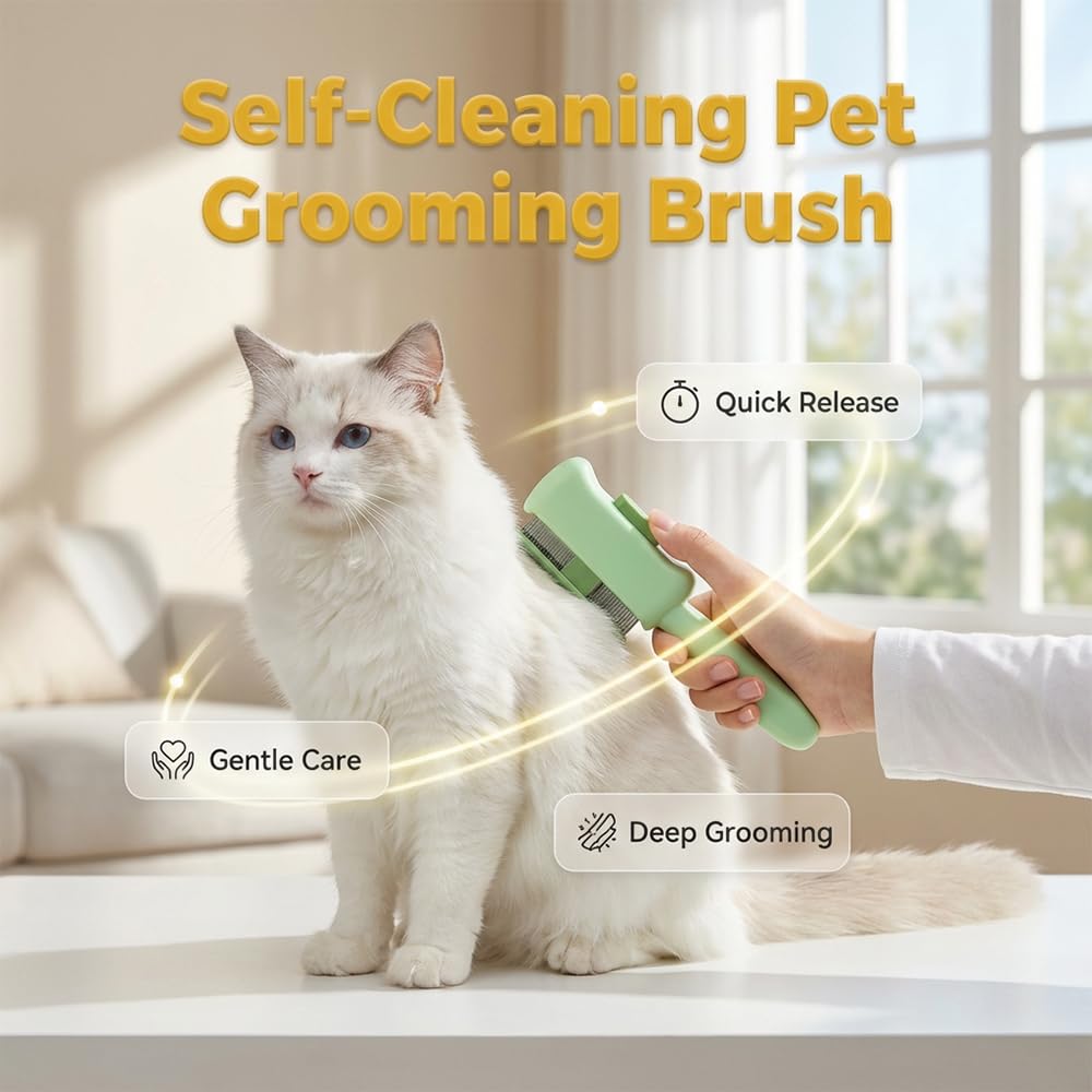 Self-cleaning pet hair brush for cats, cat grooming brush, with long and short stainless steel teeth, household pet grooming brush