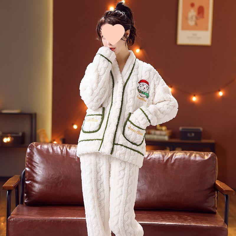 

Женский фланелевый пижамный комплект с воротником Санты на осень/зиму 2025 года - Толстая, свободная домашняя одежда M (40-50 kg)