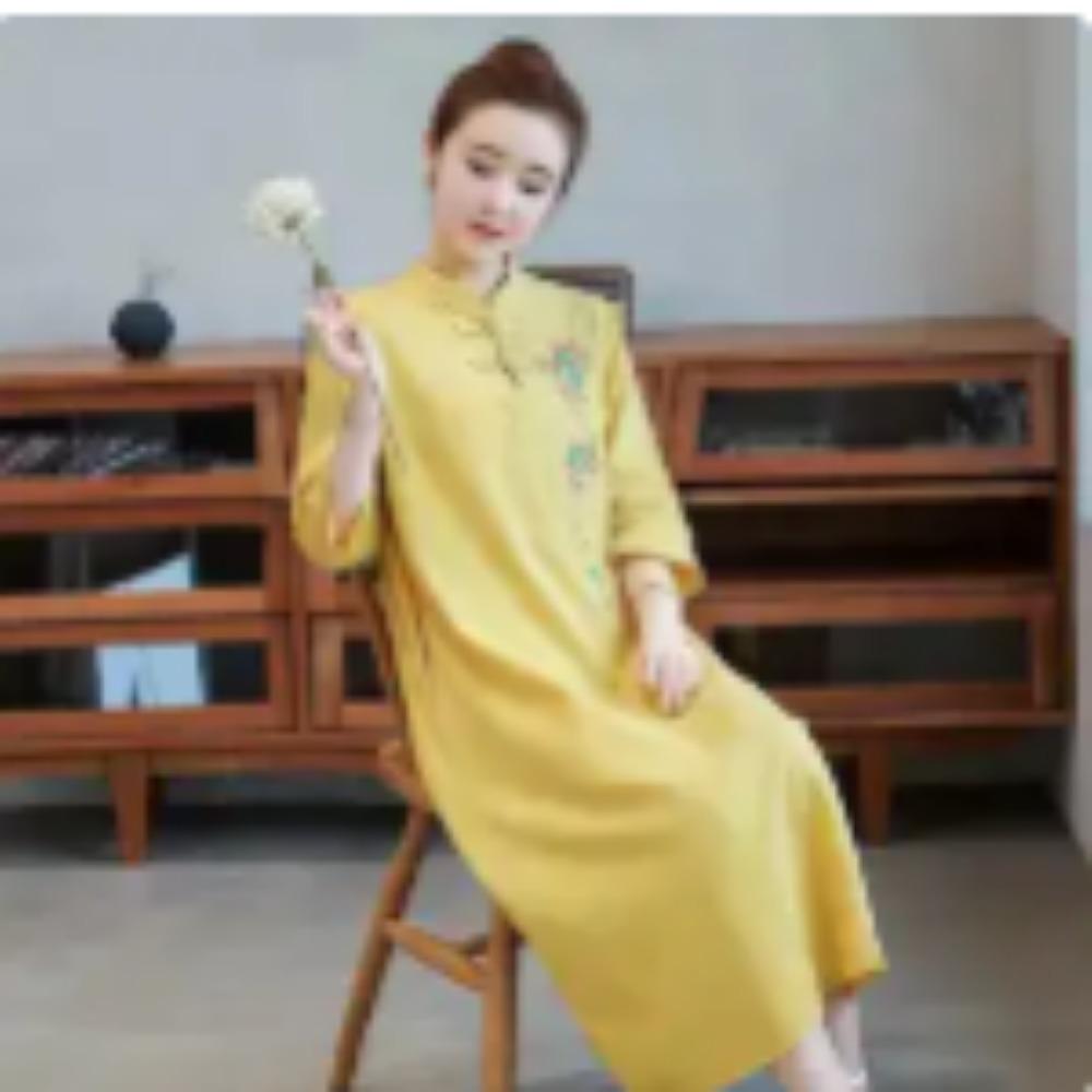 Summer Fashion Chinese Style Stand Collar Embroidery Robe Ladies Vintage Half Sleeve Temperament Vestidos Dress Femme