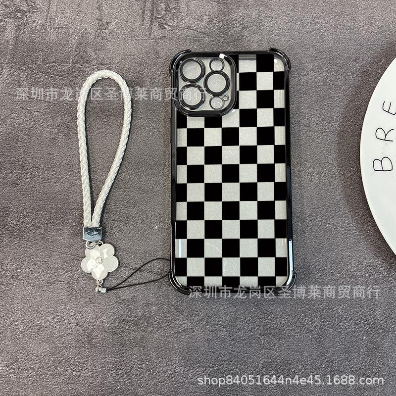 Black plaid applies to iPhone17 mobile phone case, four corners anti-drop airbag 16promax portable rope 15 protective case.