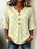 Women's Yellow Plaid V-Neck Button Front Blouse, 3/4 Ruffle Sleeve Loose Casual Top for Spring Summer Office & Daily Wear